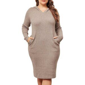 Plus Size Sweater Dress V Neck Hooded Pockets Knit Casual Fall 2X